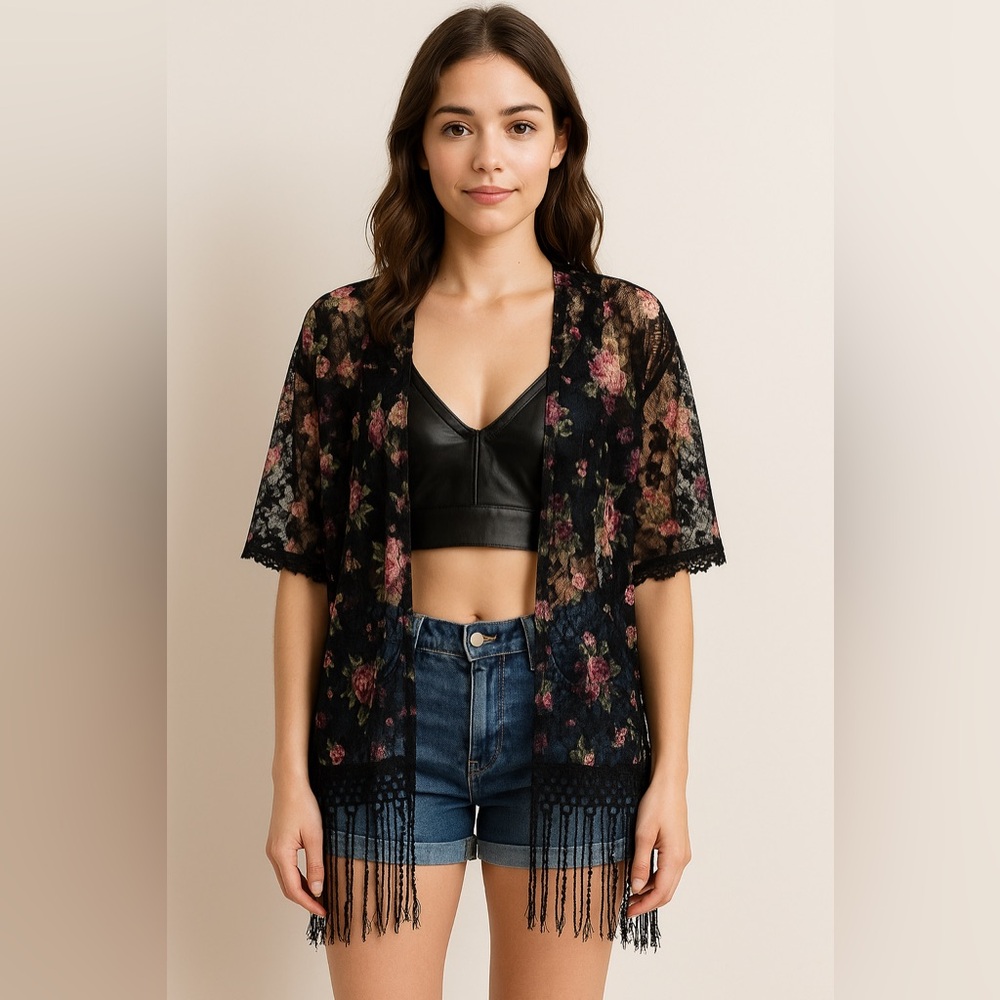 Sweet Rain Floral Lace Kimono‎ Cardigan Black Pink Fringe Boho Cover Up M